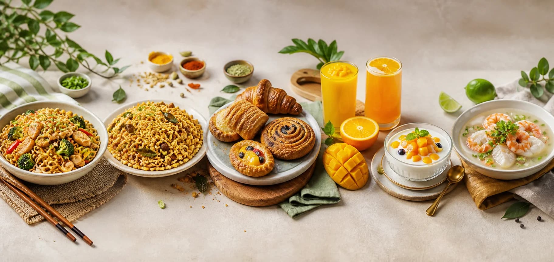 Chicken noodles, vegetarian snacks, bakery, fruit beverages, dairy dessert and seafood applications